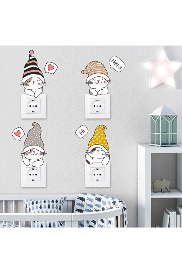 Kt Grup Sevimli Şapkalı Kedicikler Dekoratif Çok Amaçlı Priz Sticker 4'lü Set