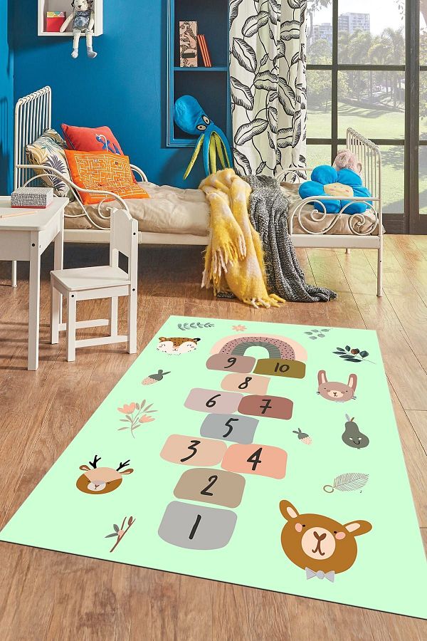EY HOME-Non-Slip Digital Printed Children's Play Mat - Tab Pattern, Washable, Green 1