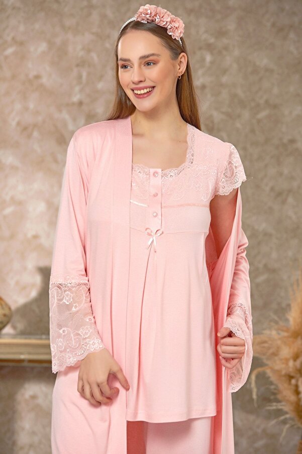 Emose Dantelli Sabahlıklı Lohusa Pijama Takım Pudra