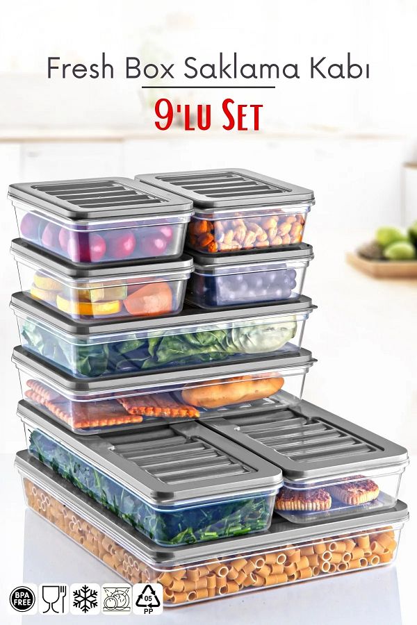 Open Home Concept-Set of 9 Freshbox - Gray Storage Container Suitable for Microwave and Diffraction 1