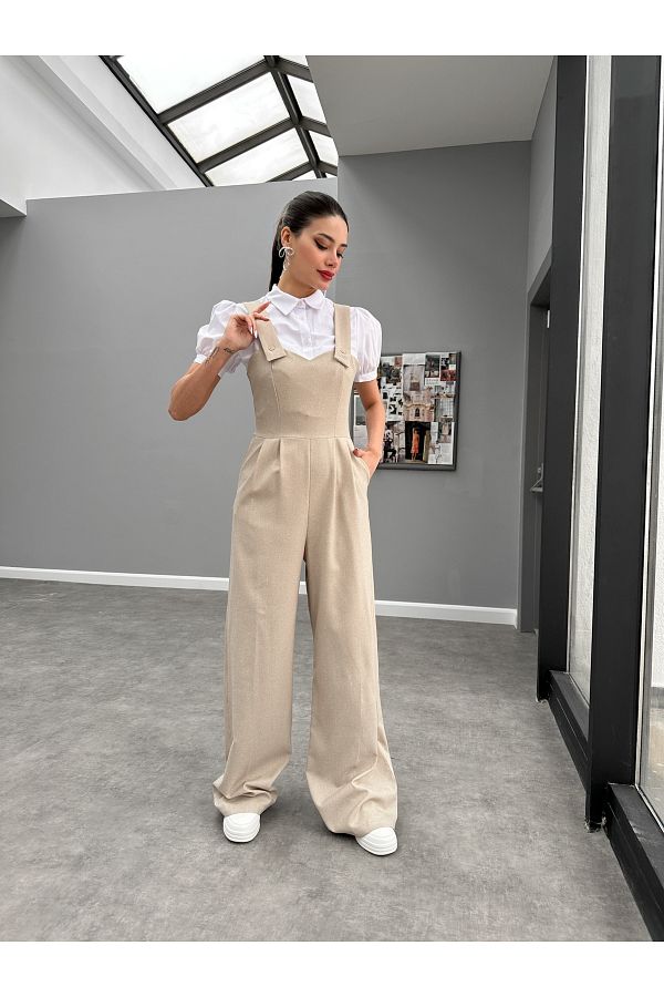 ESRAHELVACI-Beige Front Pleated Salopet Jumpsuit 1