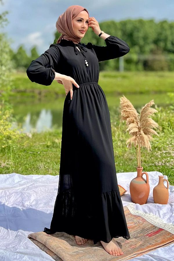 Julude Plus Size Hijab Chiffon Dress Black Waist and Ankle Elastic Trendyol