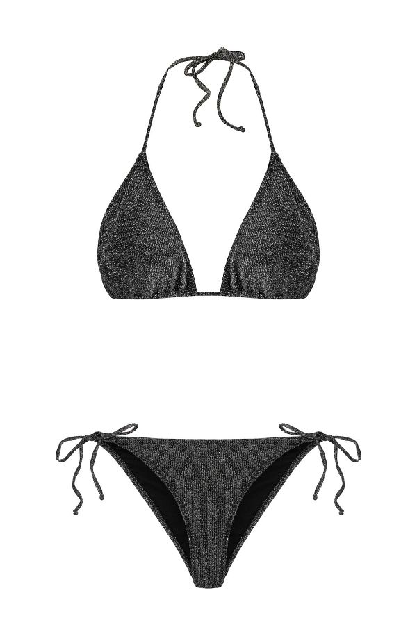 AQUELLA-Triangle Bikini Set - Black Lurex Gathered 1