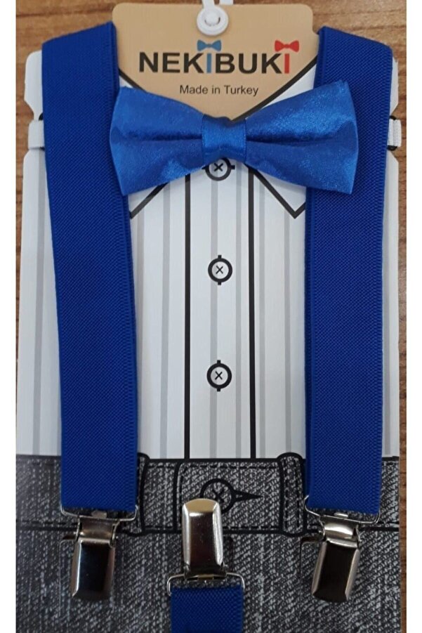 NEKİBUKİ Saks Mavi Pantolon Askısı Ve Papyon Takım