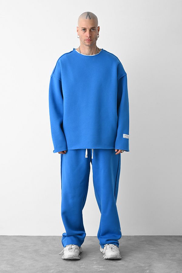VAMOSCLO Blue Collarless Sleeve Detailed Oversize Sweatshirt Trendyol
