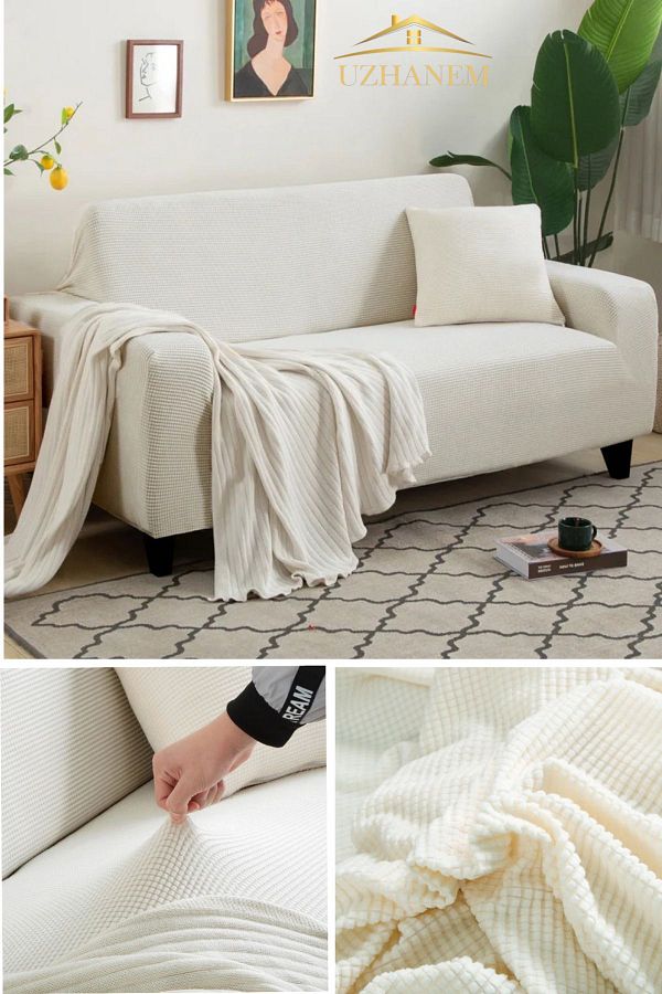 uzhanem-Flexible Lycra Stretch - Washable Square Patterned Three-Person Sofa Cover 1