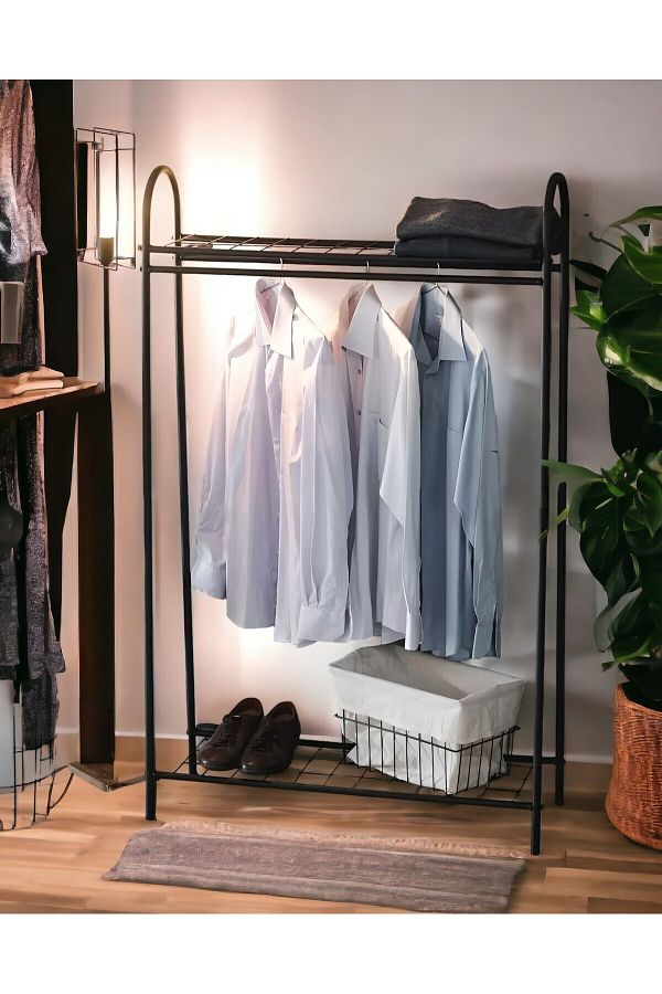 Bye Concept More Black Metal Leg Decorative Clothes Coat Rack with 2 Shelves and Garment Rack Trendyol