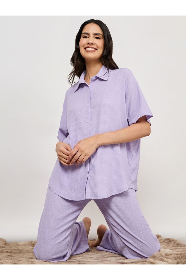 Styli Textured Longline Shirt Pyjama Set Trendyol