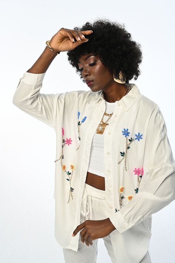 Orfeo Negro-WOMEN'S FLOWER STONE EMBROIDERED OVERSIZE SHIRT 1