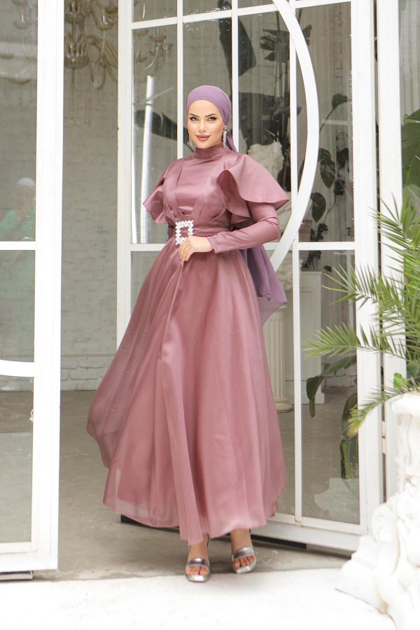 hakimoda Dried Rose Organza Hijab Han Evening Dress Trendyol