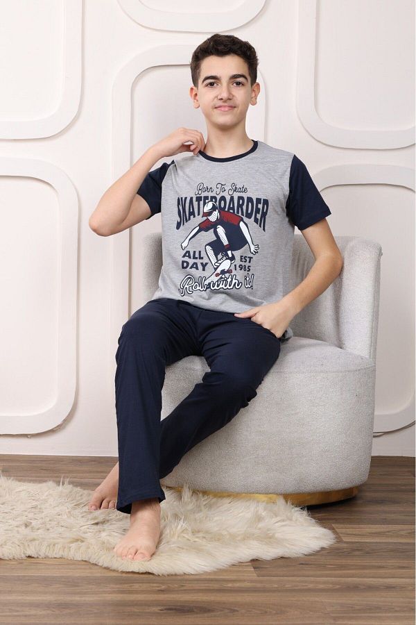 Pyjama Familya-Young Men's Figured Short-sleeved Pajama Set 1
