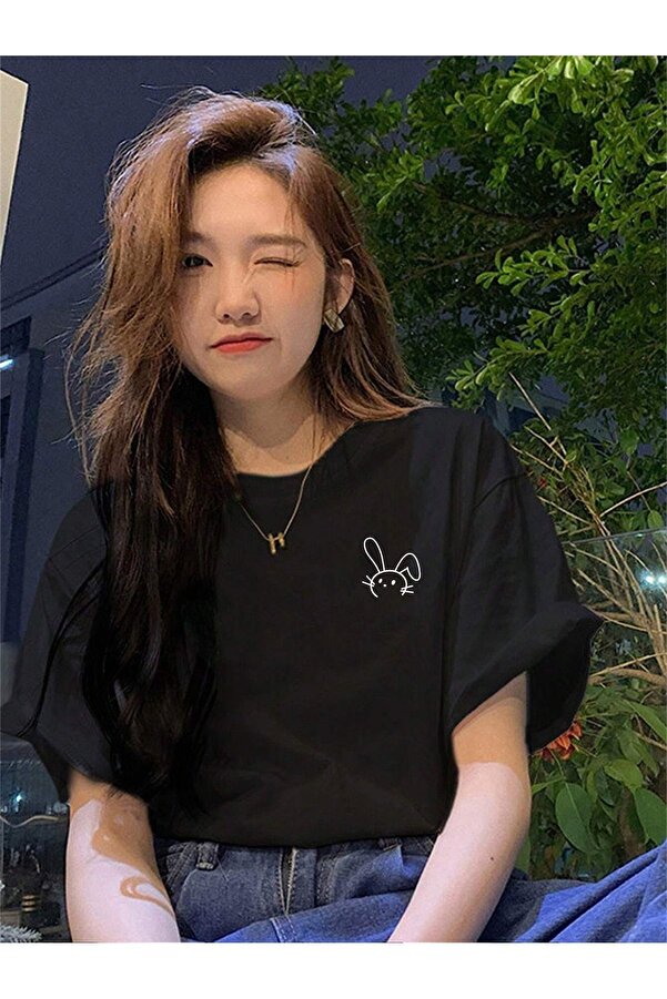 PALPİTO Women's Black Figure Rabbit Printed Oversize T-Shirt- Trendyol