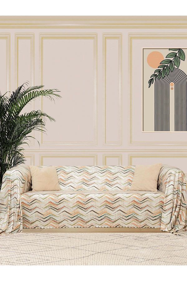Latuda Concept-غطاء أريكة Softmicro بنمط متعرج - 180x300 سم، شال وبطانية أريكة كريمية 1