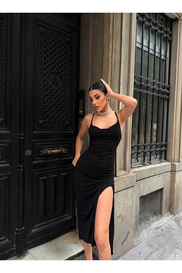 OlaLady-Sandy Fabric - Rochie lungă de damă cu bretele subțiri și fante 1