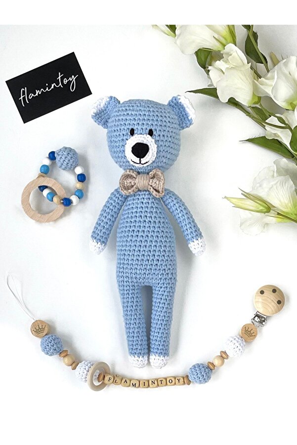 flamintoy Bebek Hediye Seti Uyku Arkadaşı Emzik Zinciri Diş Kaşıyıcı Çıngırak Amigurumi Oyuncak Bebek