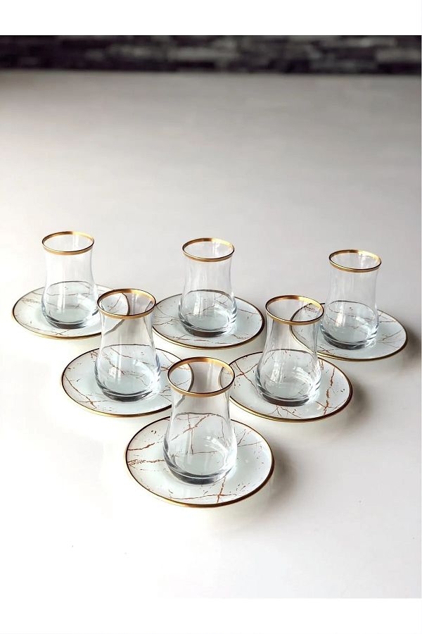 B M 12 Piece White Marble Patterned Round Tea Set Trendyol