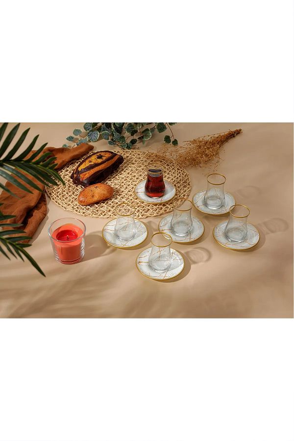B M 12 Piece White Marble Patterned Round Tea Set Trendyol