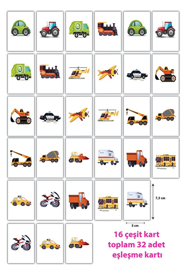 cabuk baskı Zeka Kartları Eşleştirme Oyunu Hafıza Kartı , Arabalı Oyun Kartı, Araçlar Eşleştirme Oyun Kartları