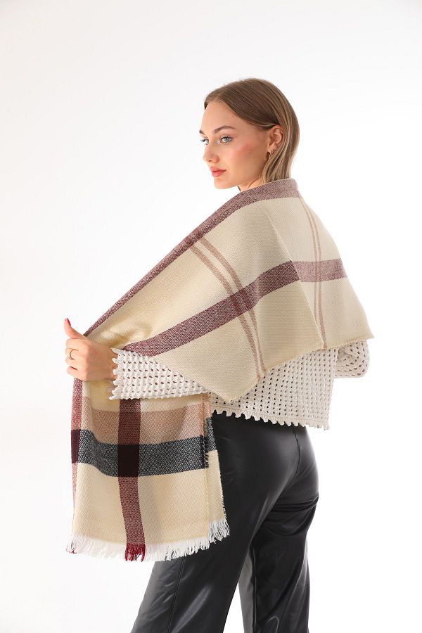 Ritagarcia-Women's Soft Textured Beige-burgundy Plaid Scarf 1