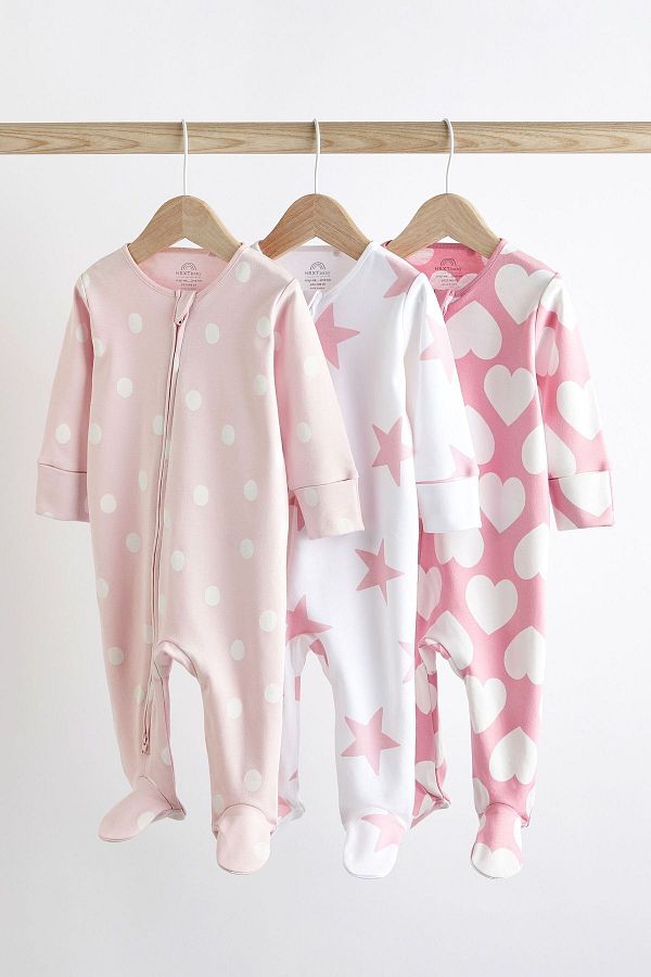 Next Baby Pink and White Star Patterned Heart Jumpsuit 100 Cotton Set of 3 Trendyol