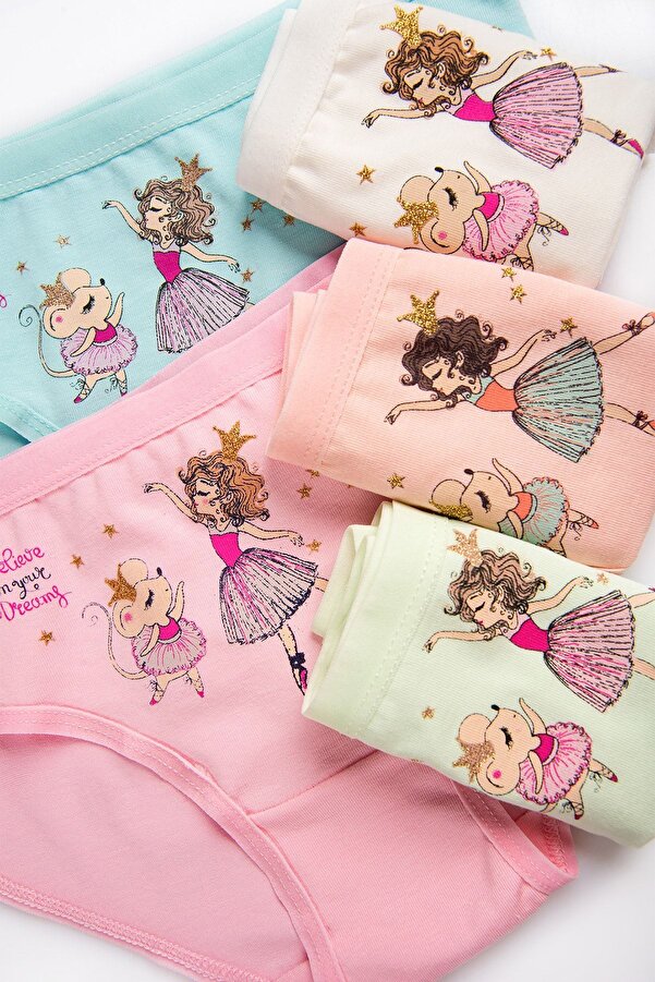 Happyfox Pamuklu Kız Çoçuk Mixcolor Külot 5'li Set Paket Baskılı Slip