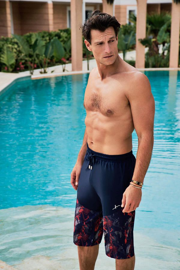 Haşema-Navy Blue Red Patterned Long Men's Shorts - 24-8 for Pool and Sea 1