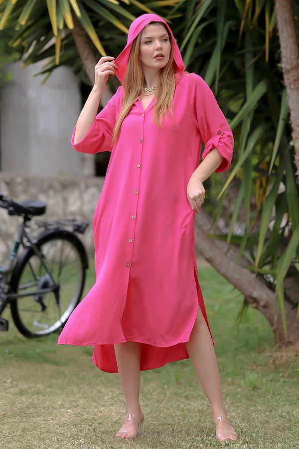 Chiccy Dark Pink Woven Casual Dress with Long Sleeve Hood and Slit Trendyol