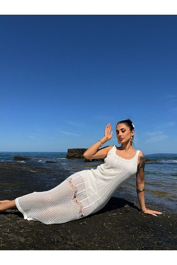 MODA D NA White Strappy Square Collar Knitwear Beach Dress Long Hole Happy Hour Dress Trendyol