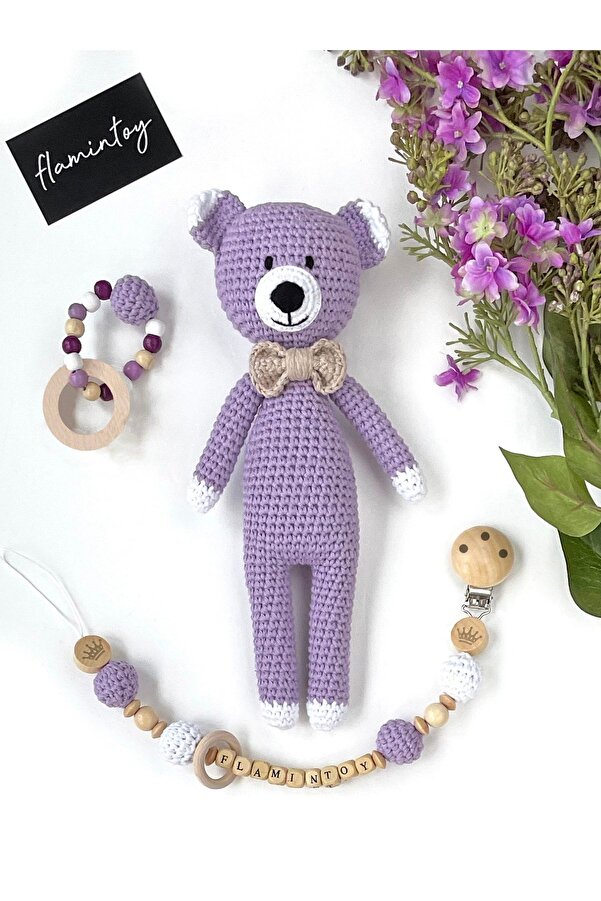 flamintoy Bebek Hediye Seti Uyku Arkadaşı Emzik Zinciri Diş Kaşıyıcı Çıngırak Amigurumi Oyuncak Bebek