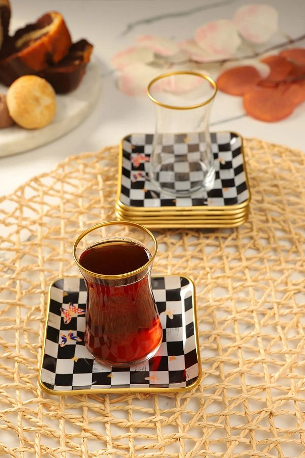 B M 12 Piece Butterfly Patterned Square Tea Set Checkered Trendyol