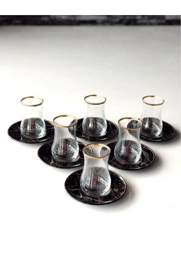 B&M-12 Piece Round Black Marble Patterned Tea Set 1