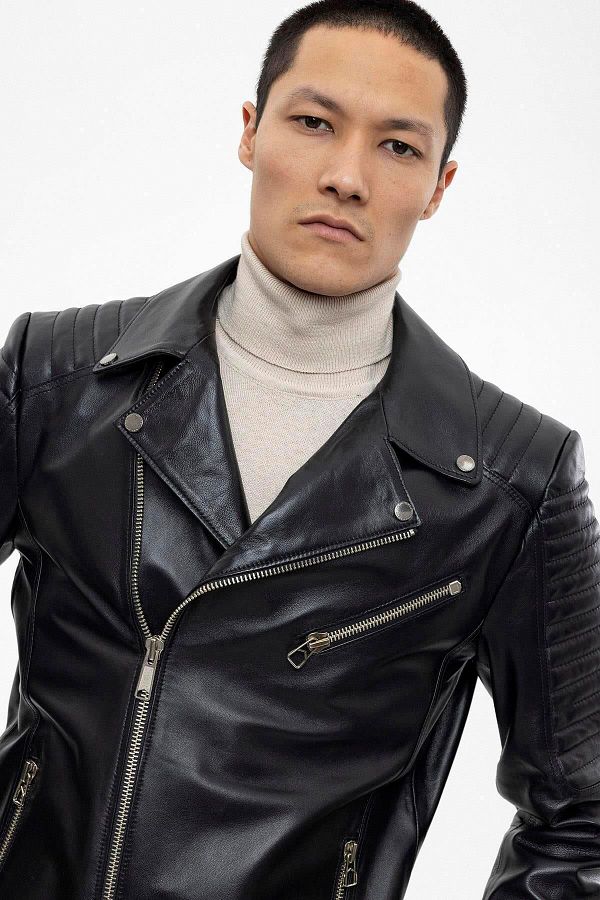 Deriderim Black Hardy Biker Biker Men s Genuine Leather Coat with Side Zipper Trendyol