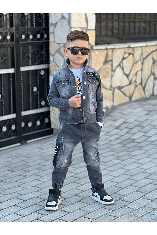Calisa Boy's Denim Jacket, Denim Cargo Pants and T-Shirt Set, Eid