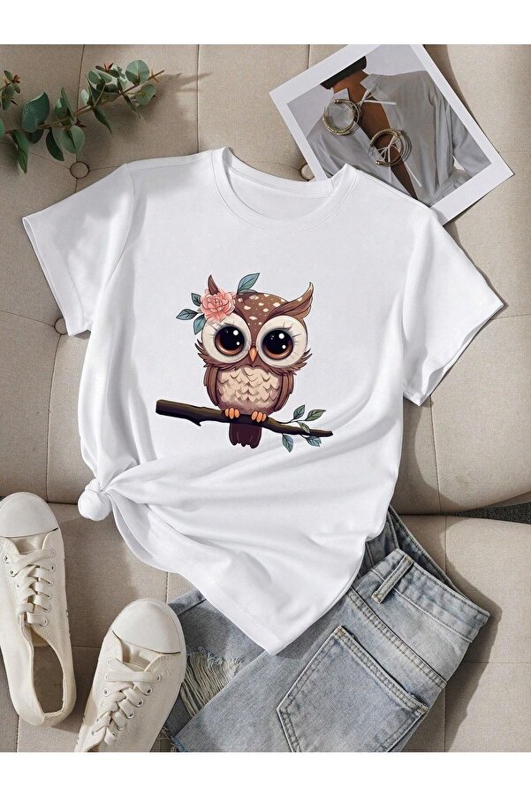 PALPİTO White Oversize T-Shirt Women, Owl Printed- Trendyol