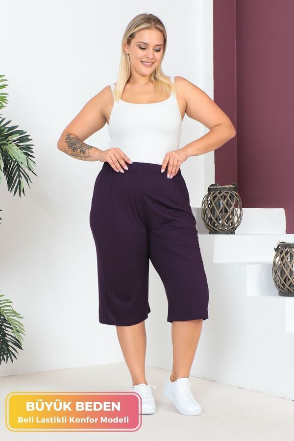 tarzımsüper-Women's Large Size Elastic Waist Comfort Model with Pockets Comfortable Fit Lycra Cotton Wide Leg Capri 1