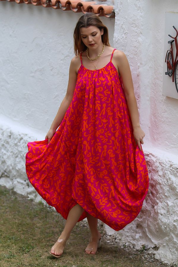 Chiccy-Rochie roșie cu imprimeu țesut casual - cu bretele și încrețite 1