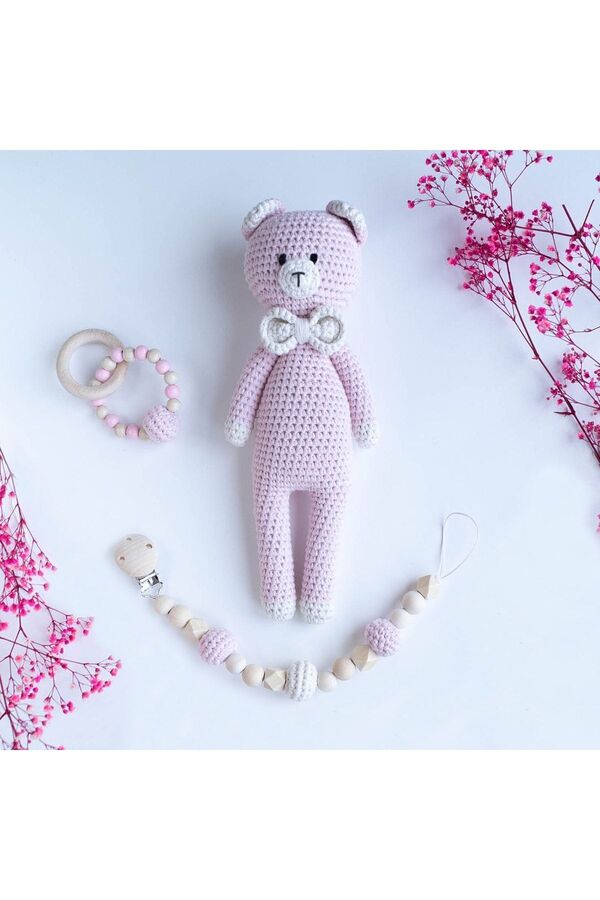 flamintoy Şirin Ayıcık Seti Hediye Uyku Arkadaşı Emzik Zinciri Diş Kaşıyıcı Çıngırak Amigurumi