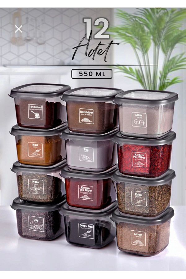 Dem Home-Anthracite Spice Rack Set with 12 Labels - 550 ml - 12 Pieces Storage Container Set 1