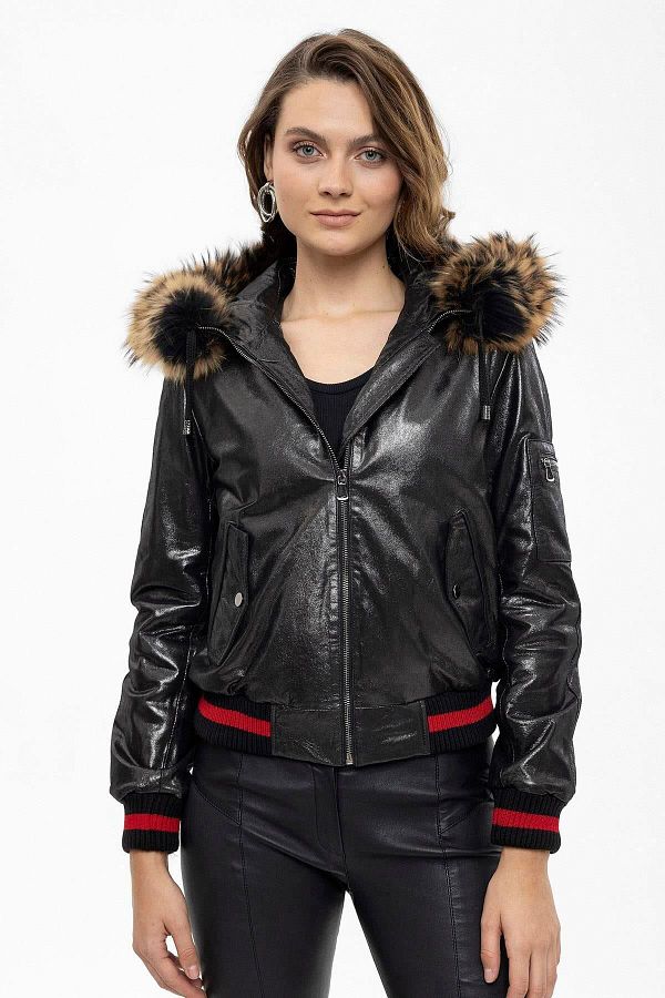 Deriderim-Black Tracy Sleeve Ribbed Waist Lined Hooded Women's Genuine Leather Coat with Fur Edge 1