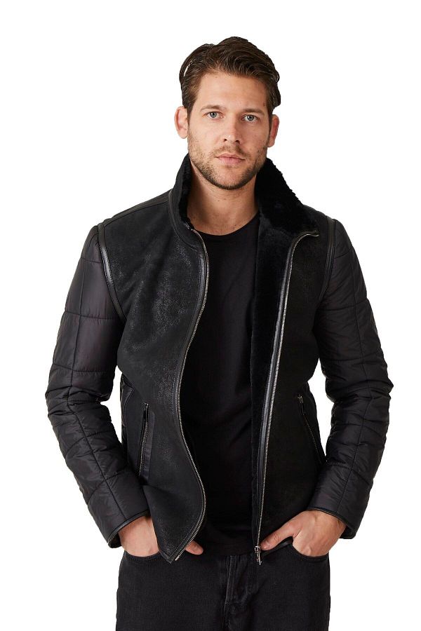 Leather jacket with fabric sleeves hot sale