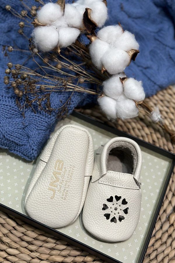 JMB Just My Baby Cream Colored Genuine Leather Baby Booties Heart Image Design Trendyol