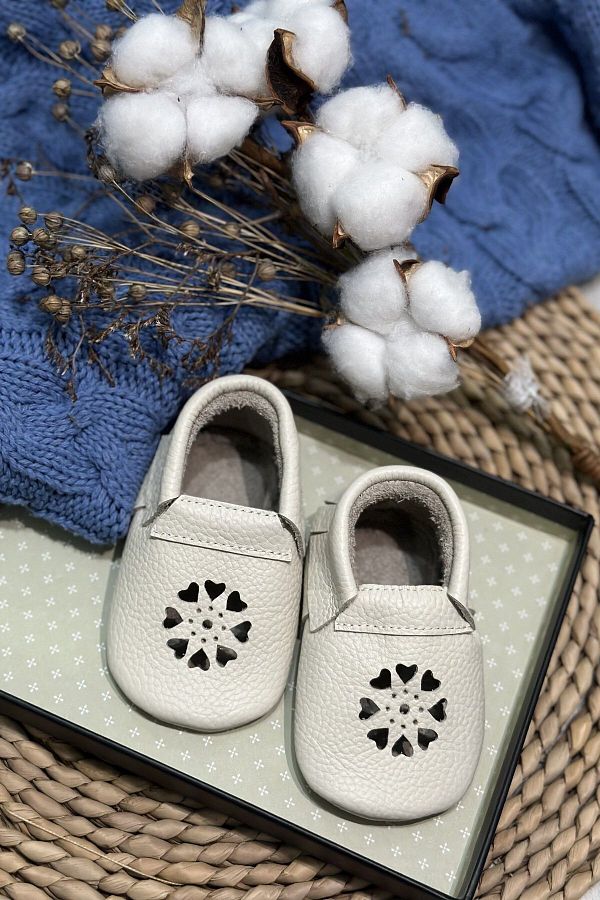 JMB Just My Baby Cream Colored Genuine Leather Baby Booties Heart Image Design Trendyol