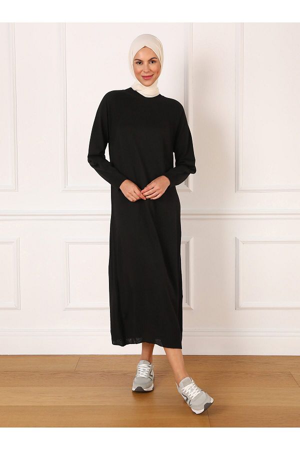 Refka-Gürtel Detaillierte Reglan Ärmel Strick Hijab Kleid - Schwarz - Refka 1