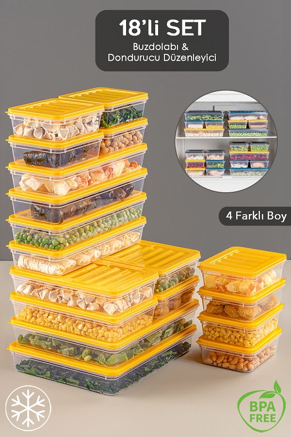 Meleni Home-18 Pieces Microwave Compatible Storage Container - 2x2400Ml 4x1200Ml 4x1170Ml 8x600Ml Yellow 1