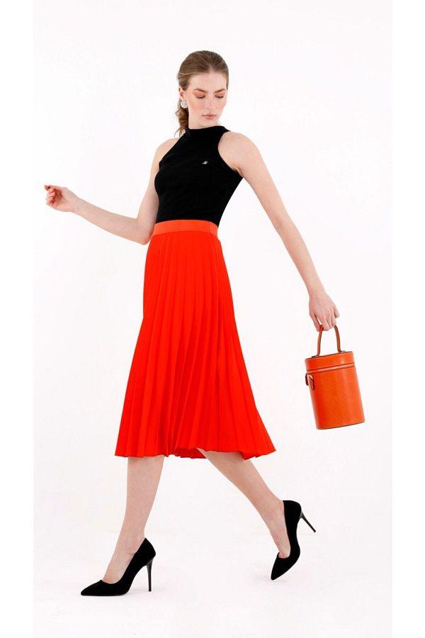 High waisted coral pleated skirt deals
