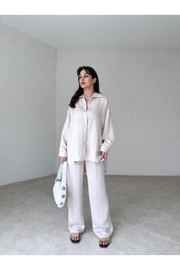 My Blog-Beiges Set aus gestreiftem Hijab-Langarmhemd und Hose 1