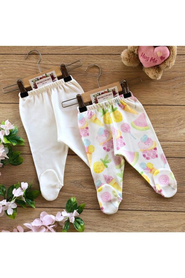 Renkli Puset 2'li Pamuklu Kız Bebek Patikli Pijama Altı Pijama Takımı Cupcake