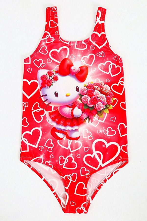 Papiş Kız Çocuk Mayo Kırmızı Kalpli Hello Kiti Kedi Desenli Rahat Hızlı Kuruyan Deniz Havuz Plaj Mayosu