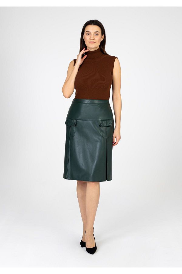 Guzella Green Midi Faux Leather Skirt High Waist Pocket Cover and Double Slit Detail Trendyol