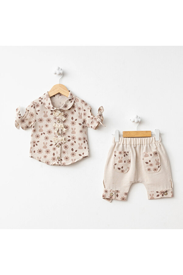 Baby Fou Çicek Baskı Gömlek Şort Takım Kahverengi